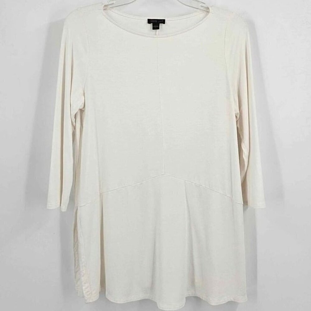 J. Jill Wearever Womens S Drapey Seamed White Top 3/4 Sleeve Boatneck Side Vents